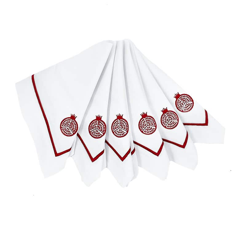 מפית Classic לבן with Pomegranate Embroidery אדום stripe | סט 6 - פיית השולחן