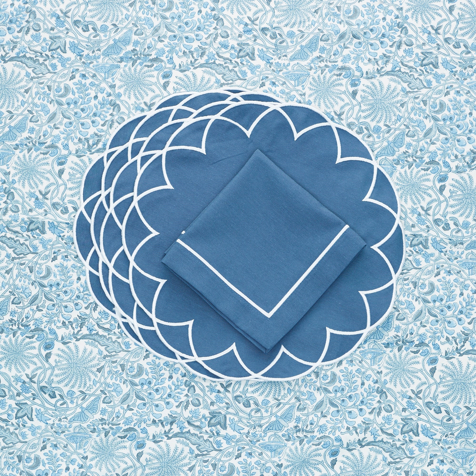 מפית Kaleidoscope placemat and set denim כחול and לבן | 6 פלייסמטים, 6 מפיות - פיית השולחן